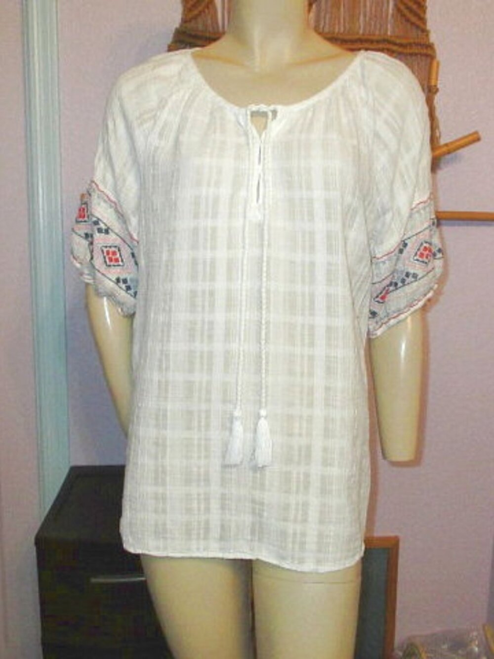 Dylan Cotton Gauze Peasant Blouse Top S Embroidered Sheer Oversized Fairy Boho